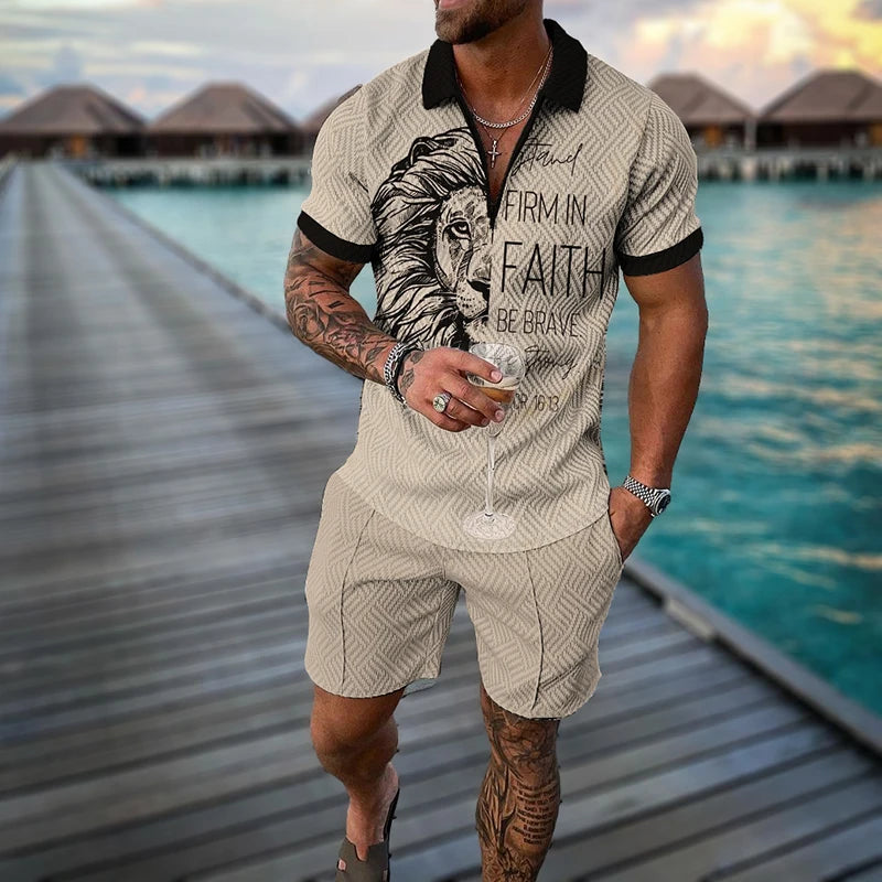 Lion Pattern Short Sleeve Shorts 2 Piece