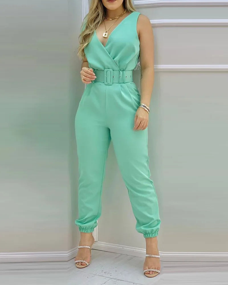 New Casual Women's Pants Women's V-neck Open Back Printed High Waist Jumpsuit Women (including Belt)