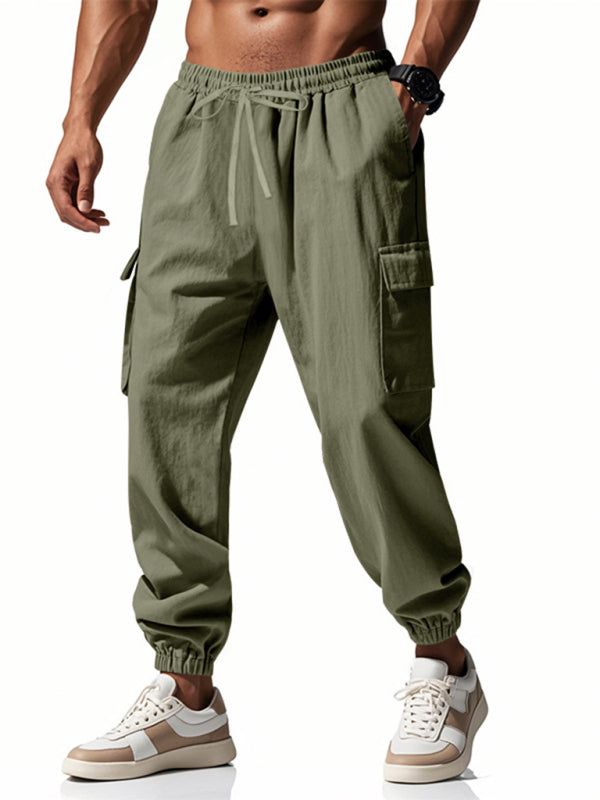 Men's linen casual outdoor sports pants with cuffs and multi-pocket work pants