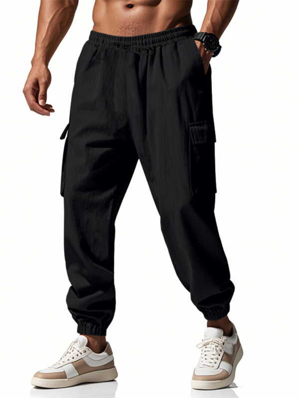 Men's linen casual outdoor sports pants with cuffs and multi-pocket work pants