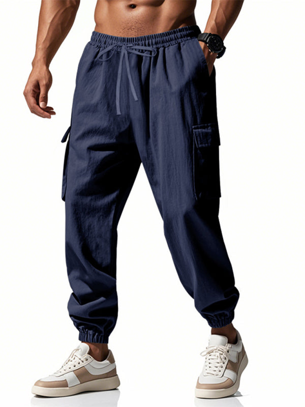 Men's linen casual outdoor sports pants with cuffs and multi-pocket work pants