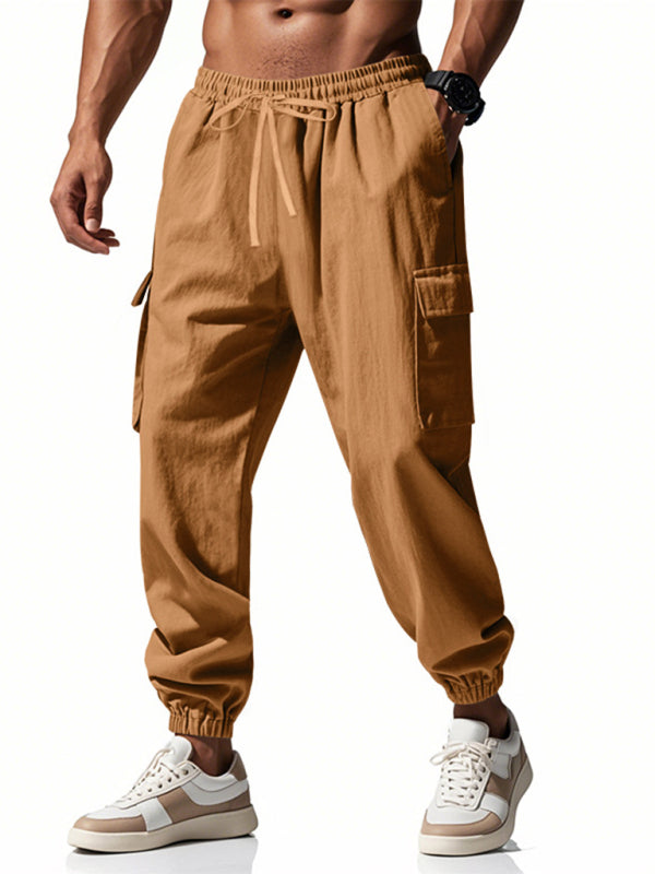 Men's linen casual outdoor sports pants with cuffs and multi-pocket work pants
